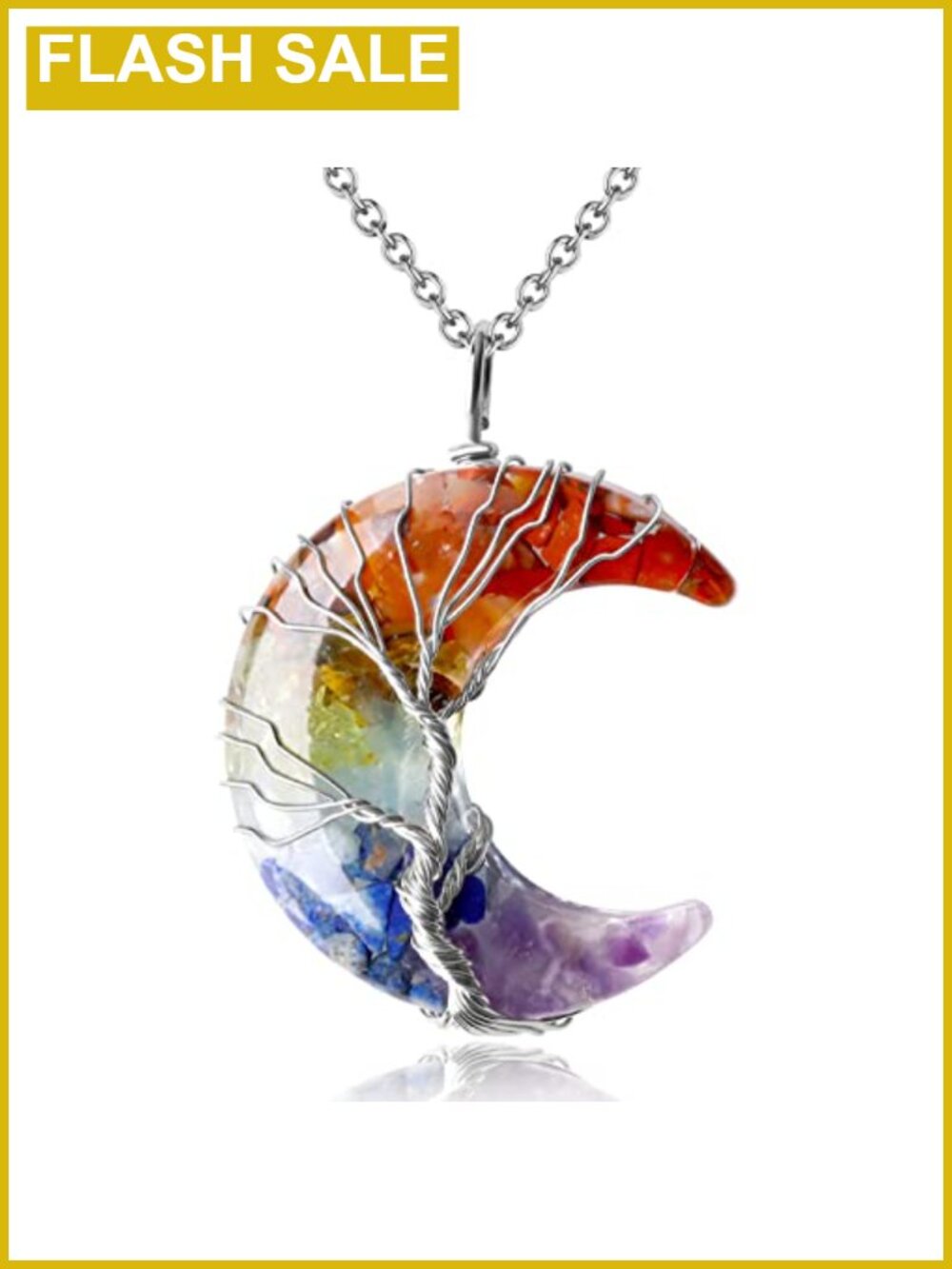 Healing Crystal Tree of Life Crescent Moon Necklace, 7 Chakra Natural Stone